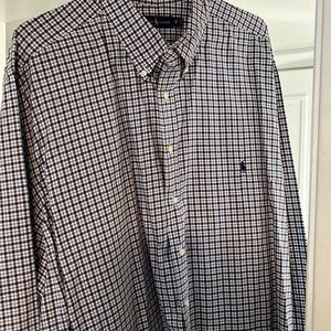 Ralph Lauren long sleeve shirt. Brown, blue and white plaid. Size 4XL.